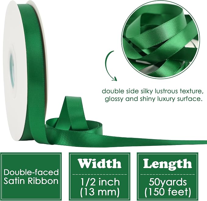 HUIHUANG Forest Green Satin Ribbon 1/2 inch X 50 Yards Continuous, DIY Crafts - Image 2