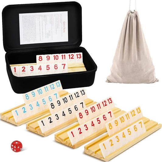Upgraded 2-4 Players Rummy Game, 106 Melamine Tiles, 4 Wooden Racks, Premium by Soopotay