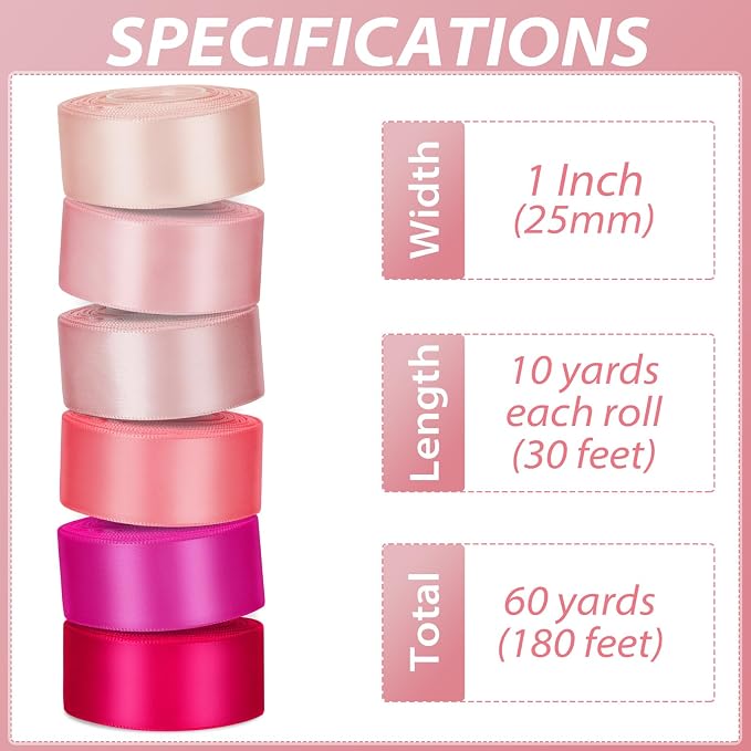 1 Inch Pink Satin Ribbons for Crafts, 6 Rolls Single-Faced Pink Assorted - Image 2