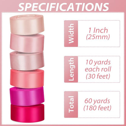 1 Inch Pink Satin Ribbons for Crafts, 6 Rolls Single-Faced Pink Assorted - Image 2