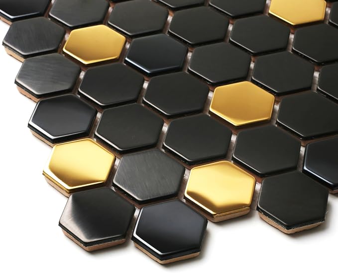 Blujellyfish Black and Gold Backsplash Wall Tiles Hexagon Mosaic Shower Floor - Image 2