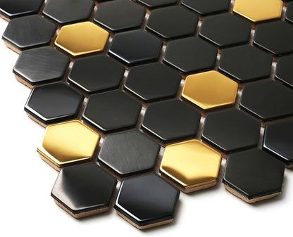 Blujellyfish Black and Gold Backsplash Wall Tiles Hexagon Mosaic Shower Floor - Image 2