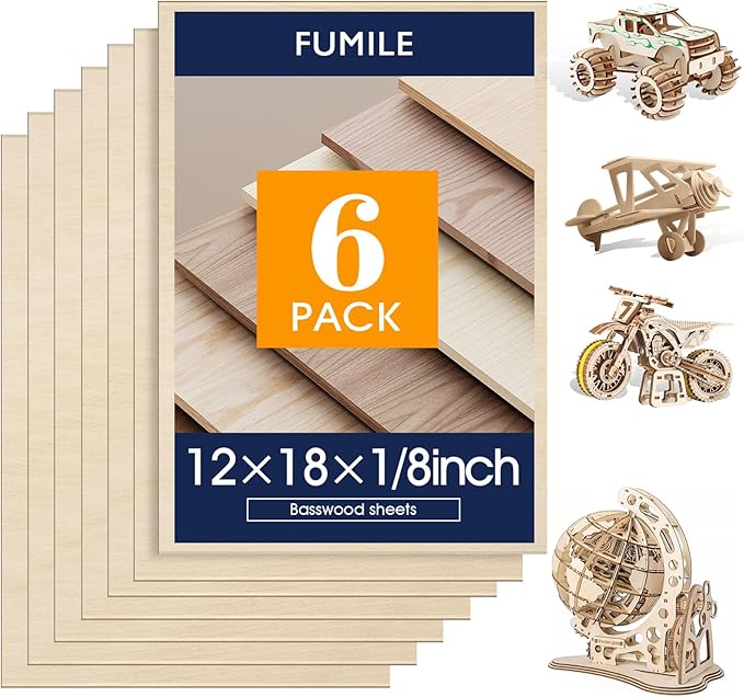 6 Pack Basswood Sheets for Crafts 1/8x12x18 Inch 3mm Larger Basswood for Laser by FUMILE