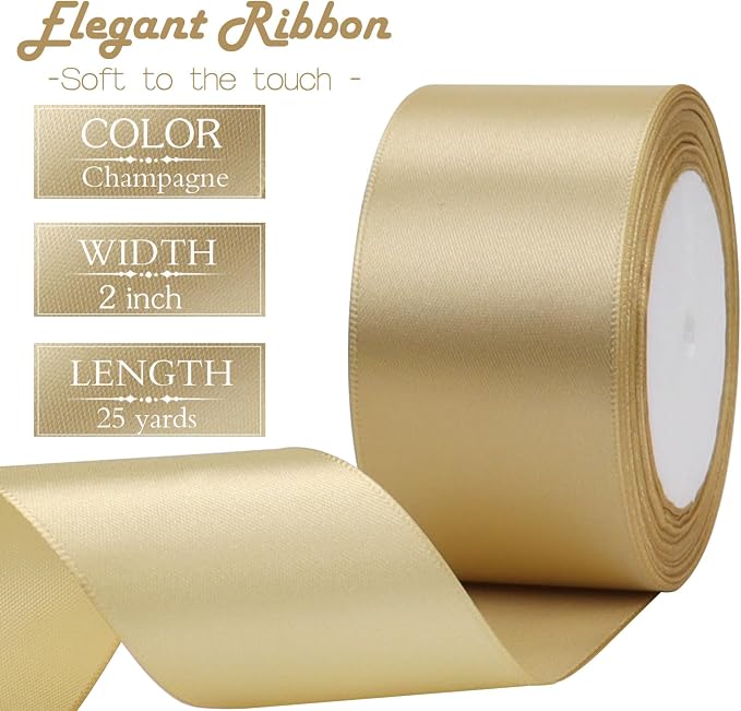 Champagne Solid Satin Ribbon 2 Inch 25 Yards Solid Polyester Fabric Ribbon - Image 3
