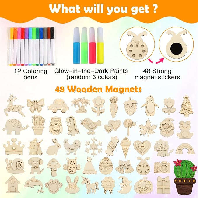 Worgree 48 Pcs DIY Wooden Magnets, Wooden Art Craft Supplies Painting Kit - Image 2