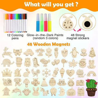Worgree 48 Pcs DIY Wooden Magnets, Wooden Art Craft Supplies Painting Kit - Image 2