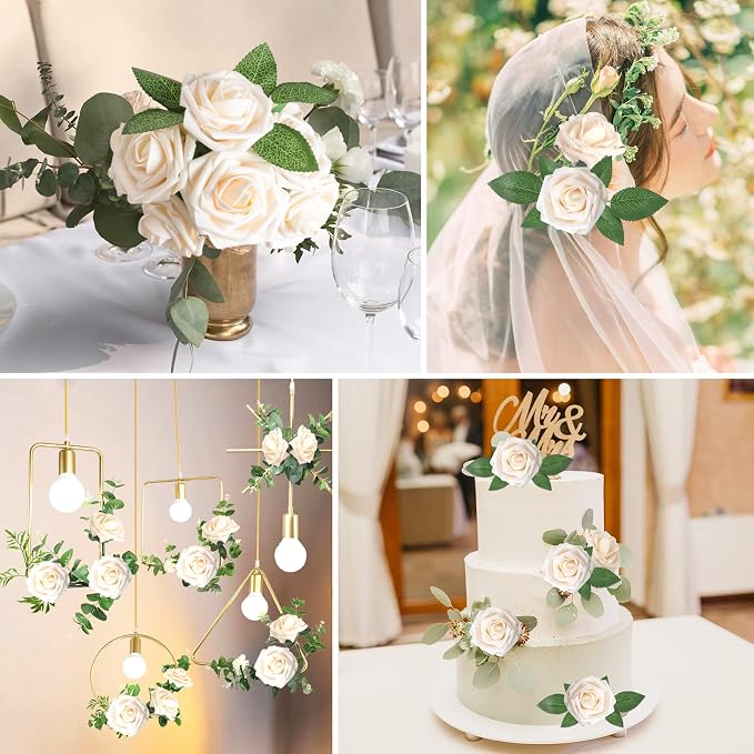 AmyHomie Artificial Flowers Champagne Rose 50pcs Real Looking Fake Roses w/Stem - Image 6