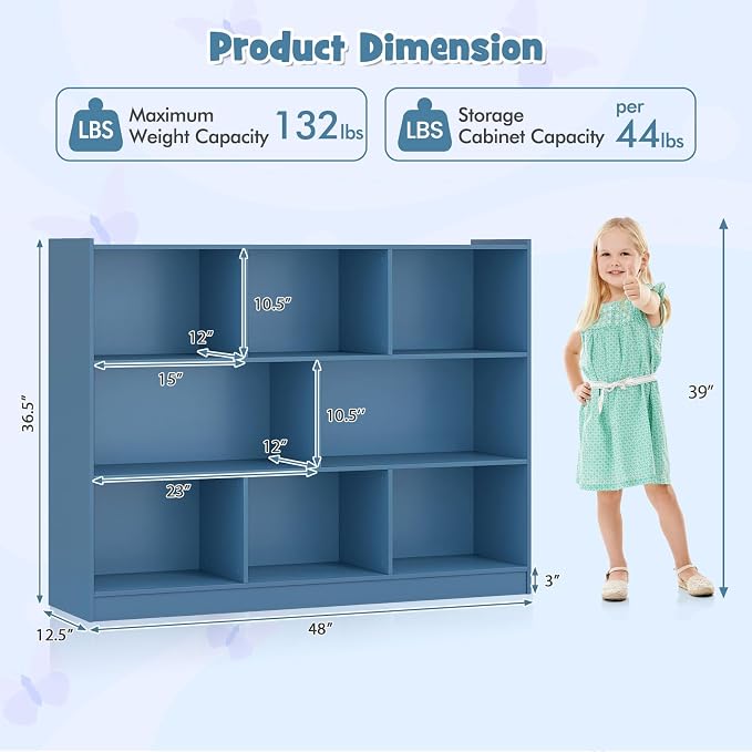KOTEK Toy Storage Organizer, 5 Cubby Kids Bookshelf, Wooden 3-Tier Bookcase - Image 2
