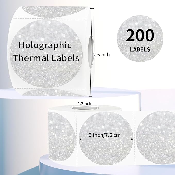3" Holographic Direct Thermal Label Stickers, Round Printable Rainbow Glitter - Image 2