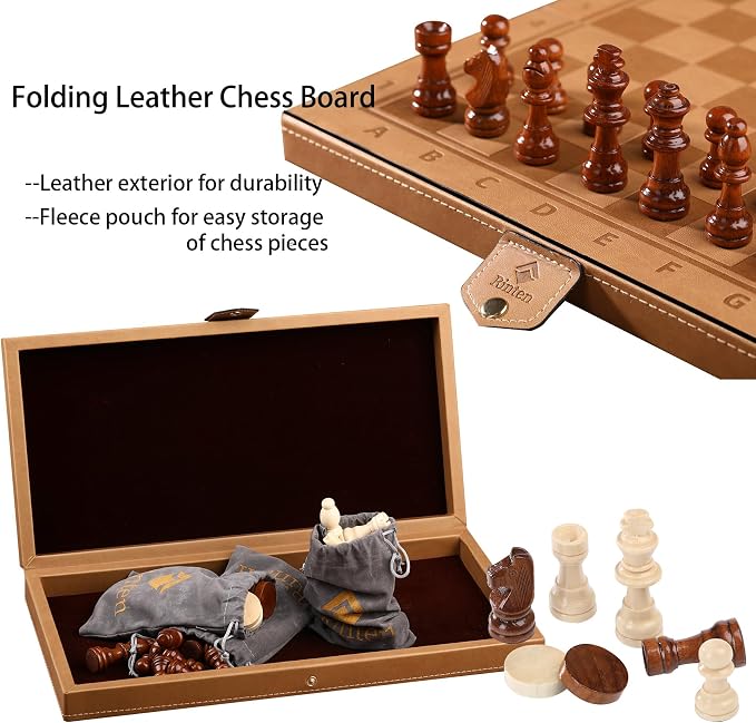 Chess Set Board for Kids & Adults, Portable Folding Leather Chess Boards - Image 2