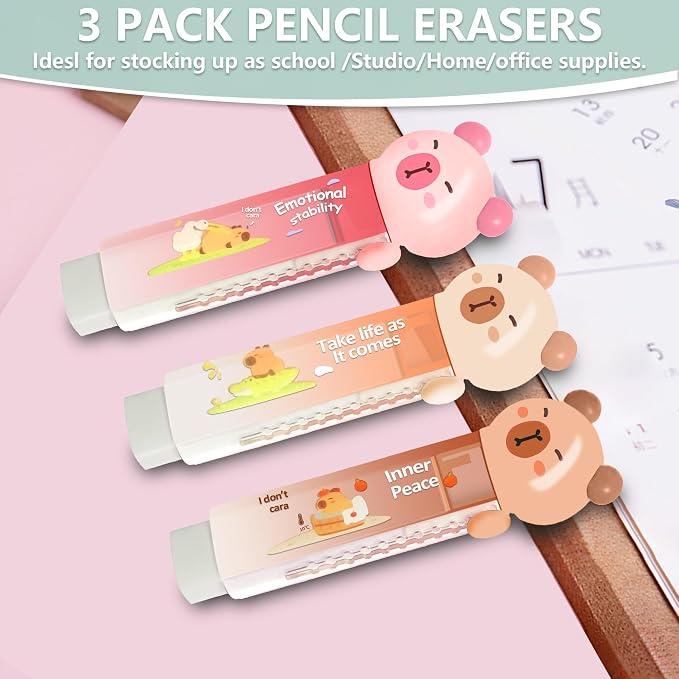 3Pcs Retractable Pencil Erasers, Cute Erasers, Kawaii Capybara Eraser, Suitable - Image 3