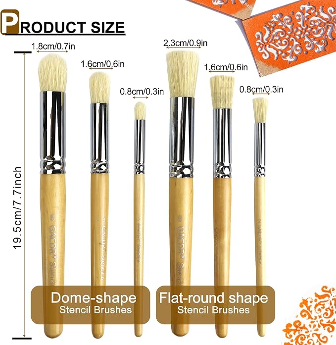 Wooden Stencil Brush Set, 6 Pieces Natural Hog Bristle Dome Stencil Brushes - Image 2