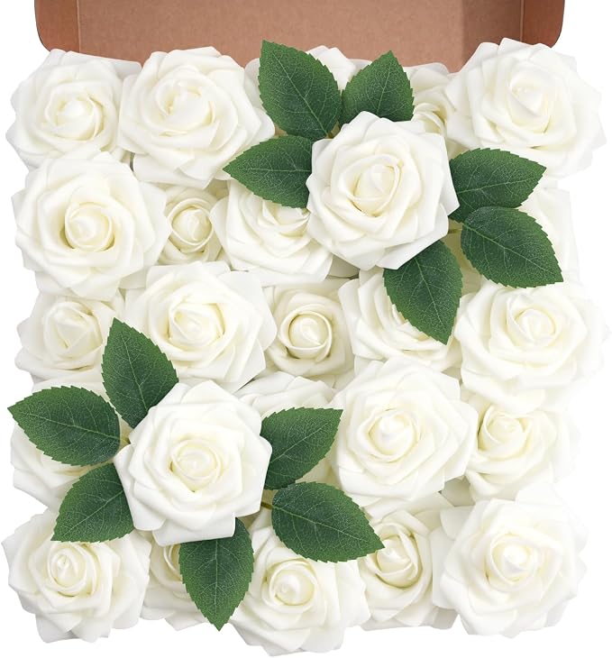 Artificial Flowers Foam Fake Roses 25pcs White Roses by Unknown