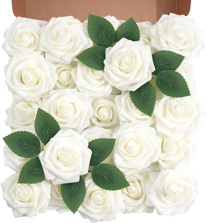 Artificial Flowers Foam Fake Roses 25pcs White Roses by Unknown