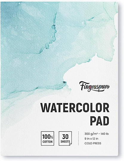 Fingraspuro Watercolor Paper Pad 9x12 Inch, 30 Sheets, 100% Cotton, Cold Pressed by Fingraspuro