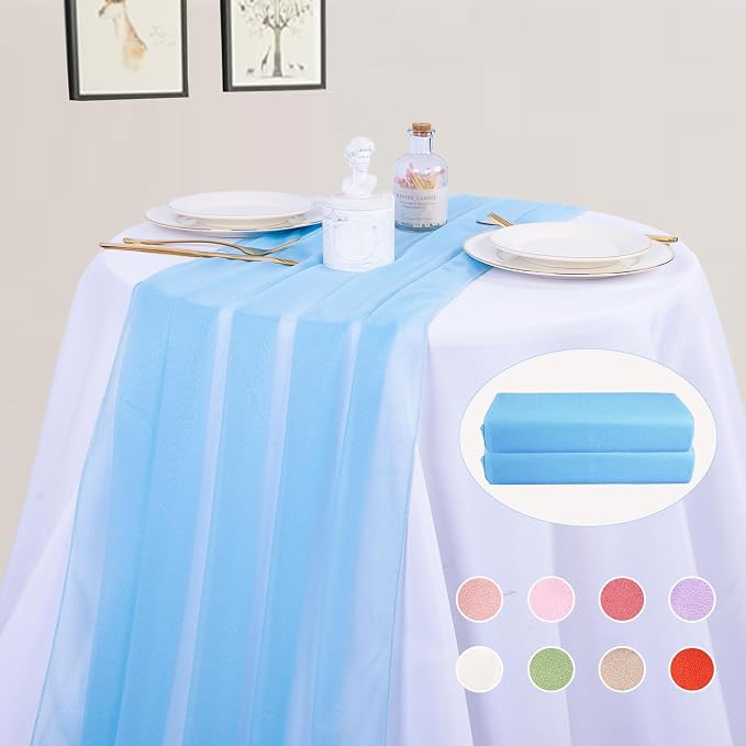 2 Packs 30 x 120 Inches Baby Blue Chiffon Table Runner 10ft Boho Gauze Table by RUIYOK