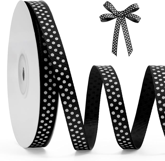 Polka Dot Grosgrain Ribbon 3/8 Inch, 25 Yards Spool Black and White Dot Craft by FAKILO