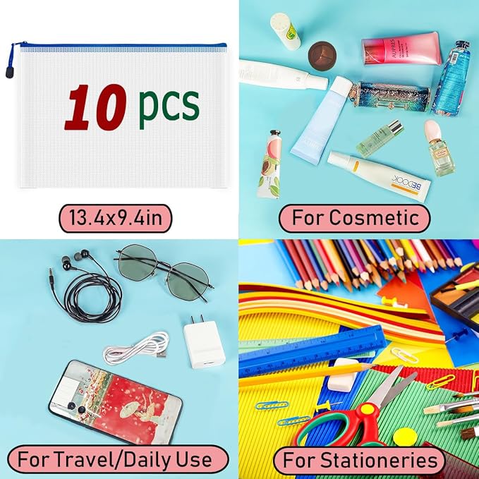 AUSTARK 10 Pcs Zipper File Bags, Waterproof Plastic Mesh Pouch - Image 7