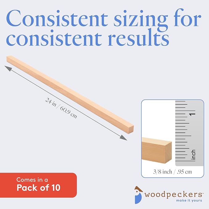 DIY Wooden Square Dowel Rod 3/8-inch x 24 Pack of 10 Hobby Wood Sticks - Image 5