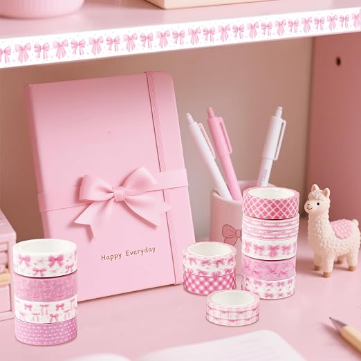 12 Rolls Pink Bow Washi Tape, Bowknot Plaid Adhesive Masking Tapes Decorative - Image 7