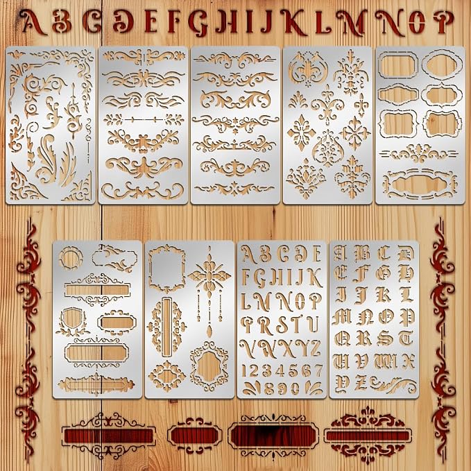 9PCS Metal Stencils Wood Burning Stencil Journal Border Stencils Letter Stencil by TWINKLEMON