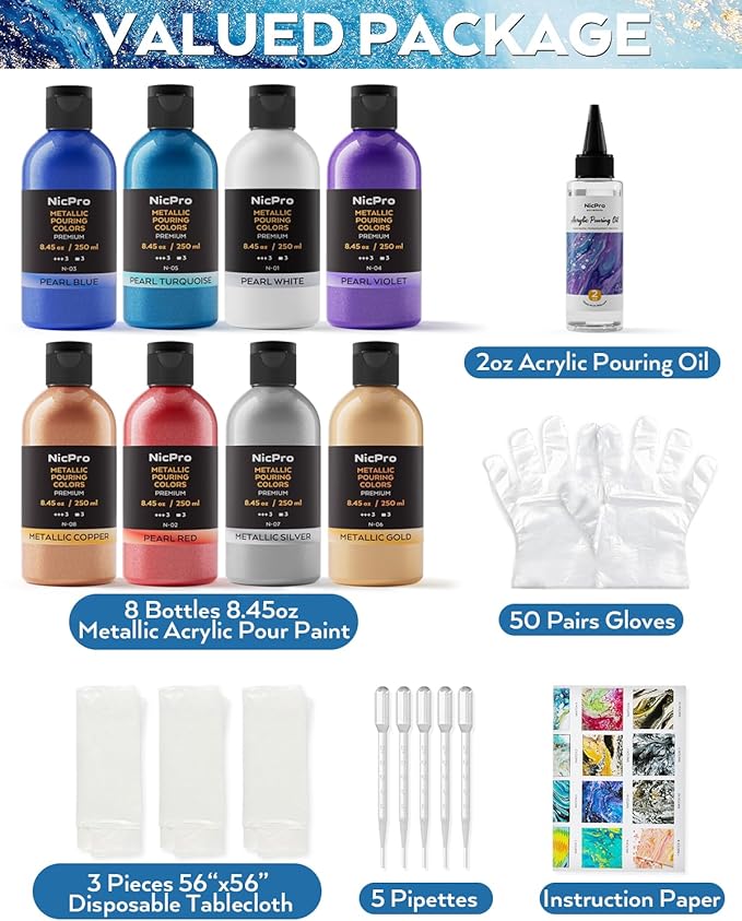 Nicpro 8 Colors 8.45oz Metallic Acrylic Pour Paint Supplies Kit, Large Volume - Image 4