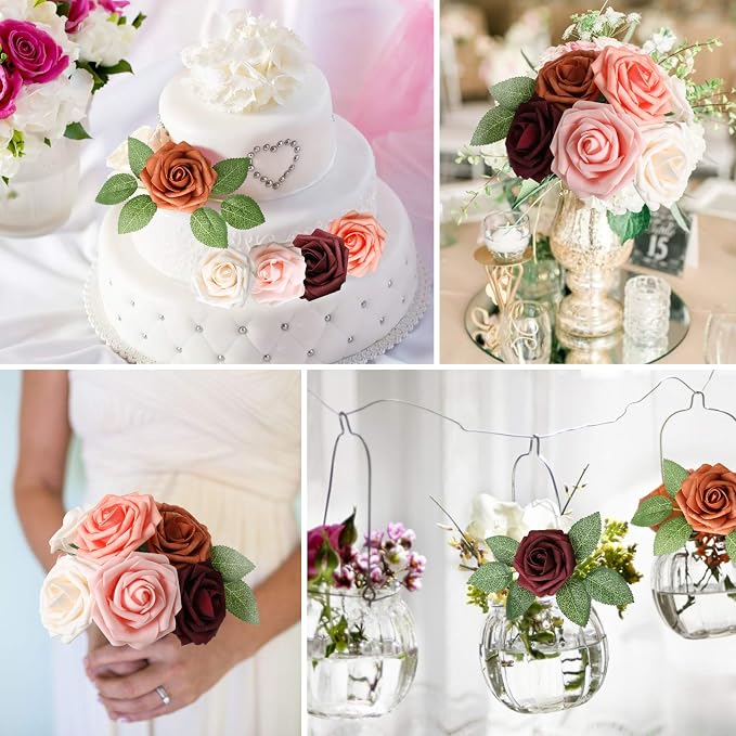 AmyHomie Artificial Flower Shades of Burgundy Rose 25pcs Real Looking Fake - Image 5