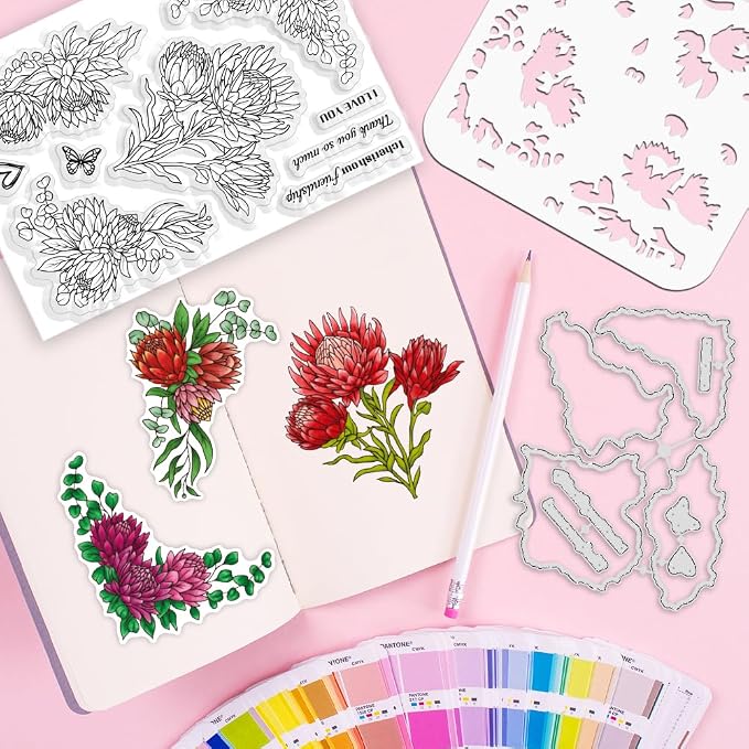 ORIGACH Realistic Protea Cynaroides Flower Layering Stencil Stamp and Die Set - Image 6