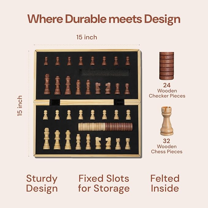 PlayVibe Wooden Chess Set 15'' & Checkers Board Games - Image 3