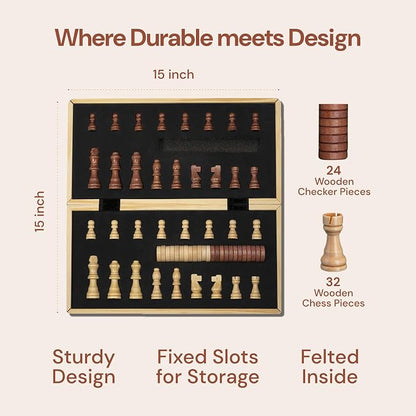 PlayVibe Wooden Chess Set 15'' & Checkers Board Games - Image 3