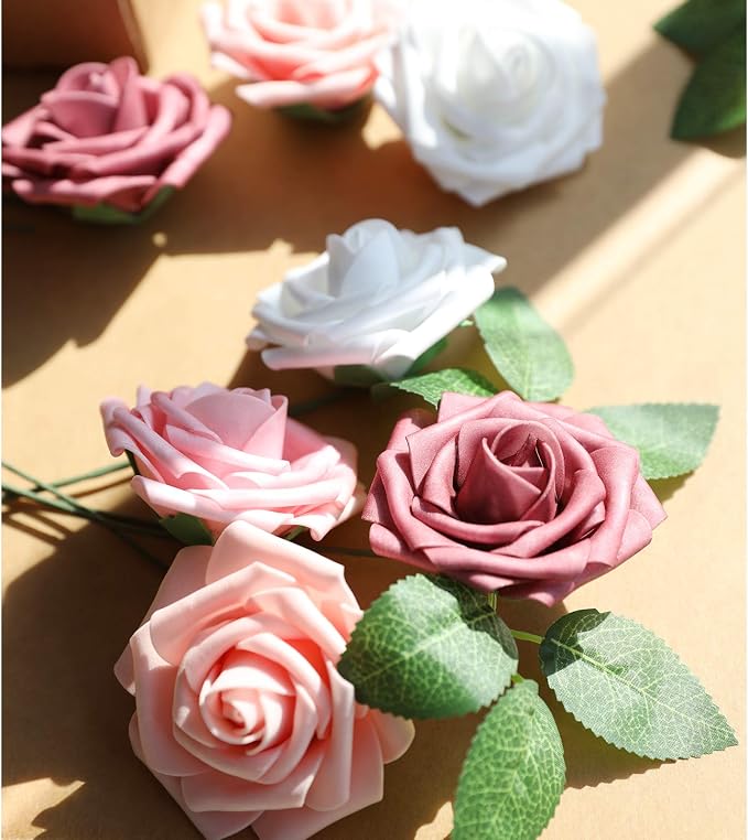 AmyHomie Artificial Flower Shades of Rose 25pcs Real Looking Fake Roses w/Stem - Image 3