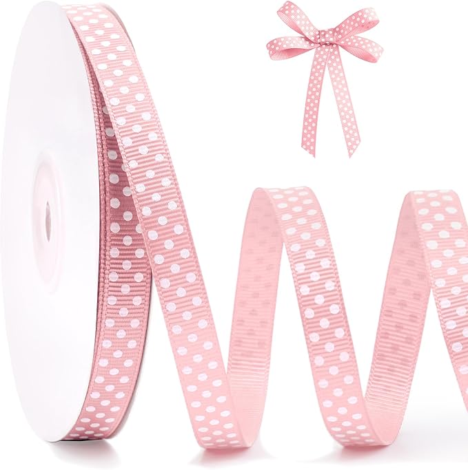 Polka Dot Grosgrain Ribbon 3/8 Inch, 25 Yards Spool Pink and White Dot Craft by FAKILO