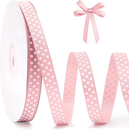Polka Dot Grosgrain Ribbon 3/8 Inch, 25 Yards Spool Pink and White Dot Craft by FAKILO