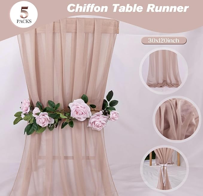 5 Packs Champagne Chiffon Table Runner 30 x 120 Inches Sheer Table Runner 10ft - Image 4