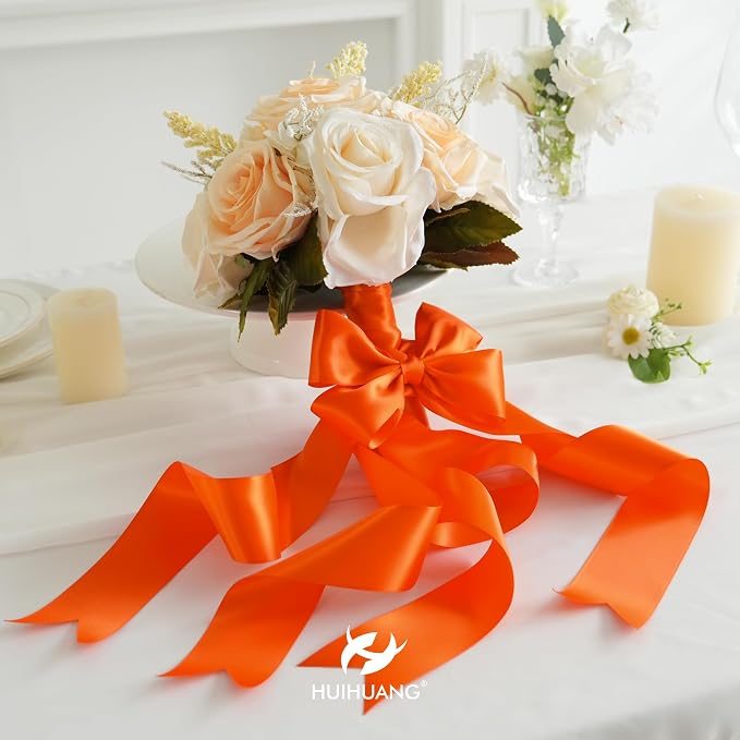 HUIHUANG Orange Satin Ribbon 2 inch Wide Double Faced Satin Ribbon Orange Ribbon - Image 3