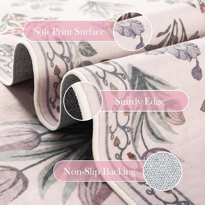 Wonnitar Pink Rugs for Bedroom Girls Nursery, Washable 5x7 Floral Rug, Boho - Image 3