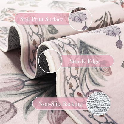 Wonnitar Pink Rugs for Bedroom Girls Nursery, Washable 5x7 Floral Rug, Boho - Image 3