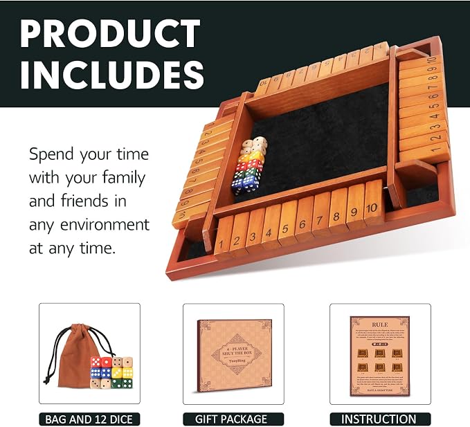 Upgraded 1-4 Players Shut The Box Dice Game, Wooden Board Table Family Game - Image 2