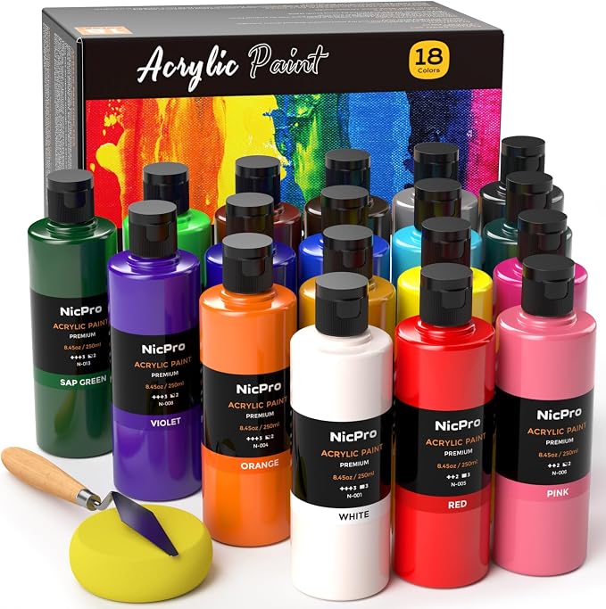 Nicpro 18 Colors Large Acrylic Paint Set, 8.45oz/250 ml Artist Painting by Nicpro