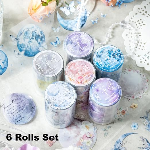 6 Rolls Moon Flower PET Tape Set, Pre-Cut Aesthetic Stickers - Image 2