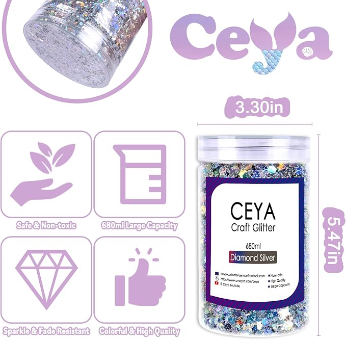 Ceya Holographic Chunky Glitter, 1 LB/ 16OZ Laser Diamond Silver Bulk Craft - Image 4