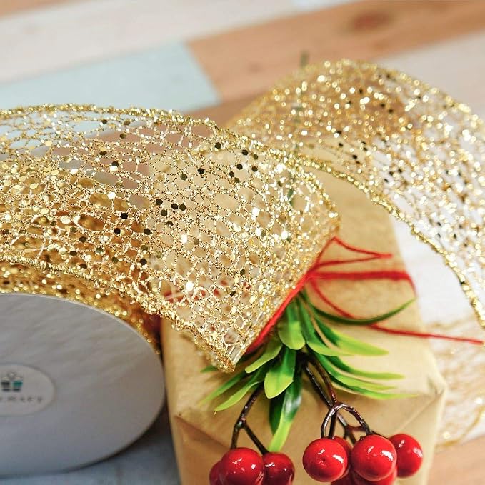 CT CRAFT LLC Sparkling Glitter Mesh Wired Ribbon 2.5" x 10 Yards Gold - Image 6