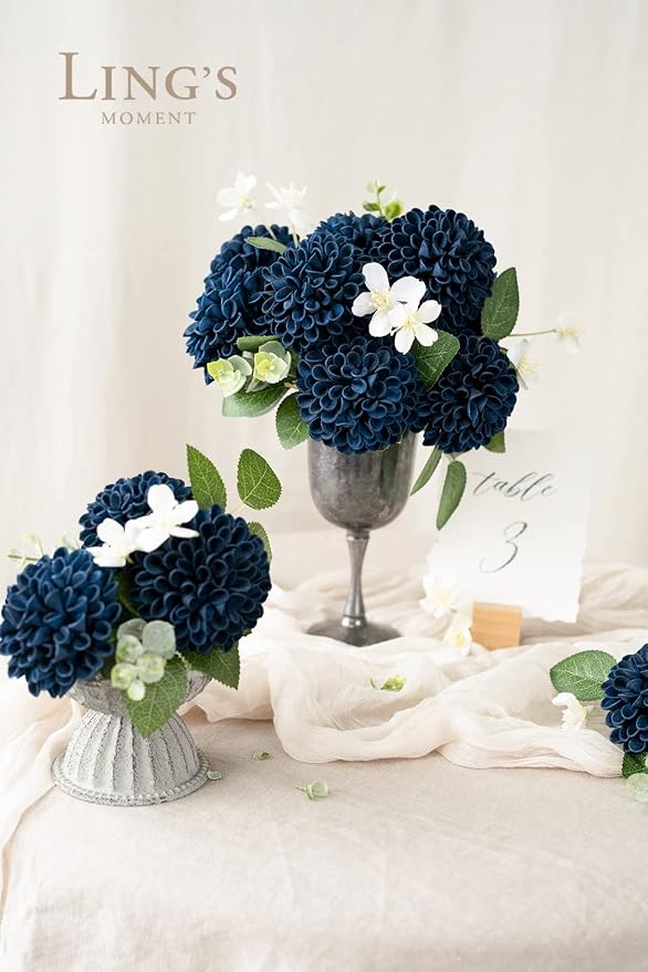 Ling's Moment Navy Blue Dahlia Foam Artificial Flowers Real Touch Faux Fake - Image 2