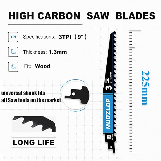 5 Pack 9 inch Reciprocating Saw Blades Set，3 TPI High Carbon Saw Blades - Image 2