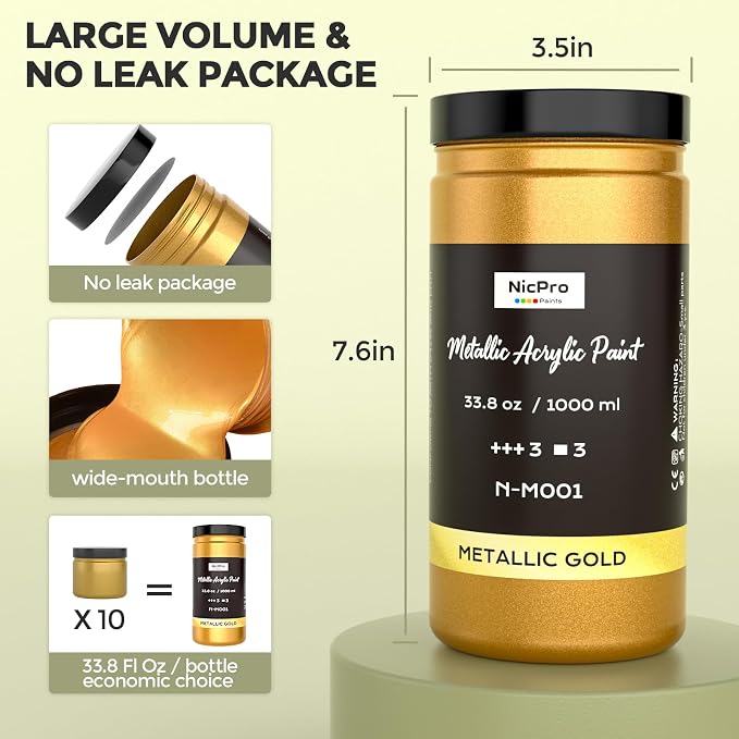 Nicpro Large Acrylic Paint Metallic, 3 Colors Gold, Copper 101.4oz/3000ml Gold - Image 2