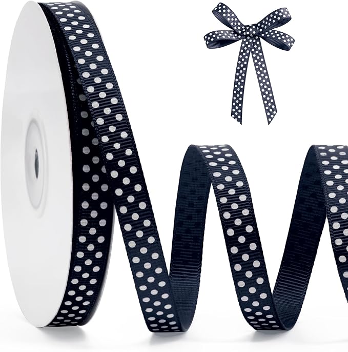 Polka Dot Grosgrain Ribbon 3/8 Inch, 25 Yards Spool Navy Blue and White Dot by FAKILO