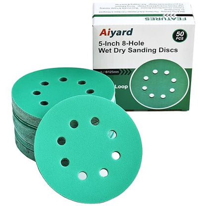5-Inch 8-Hole Wet Dry Sanding Discs 220 Grit, Polyester Film Backed Heavy-Duty by Aiyard