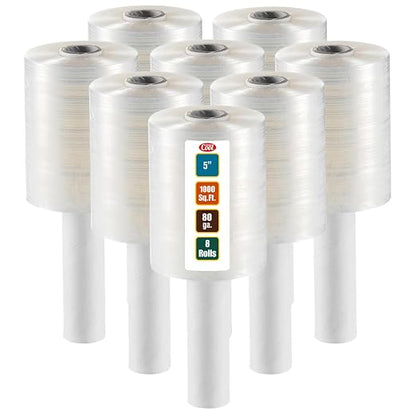 8 Pack Industrial Strength Mini Hand Stretch Wrap 5" 1000 Ft. Roll 80 Gauge by SimplyCool
