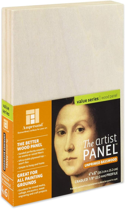 Ampersand Art Supply Unprimed Basswood Artist Panel, 7/8" Cradled Profile 4"x6" by AmpersandArtSupply