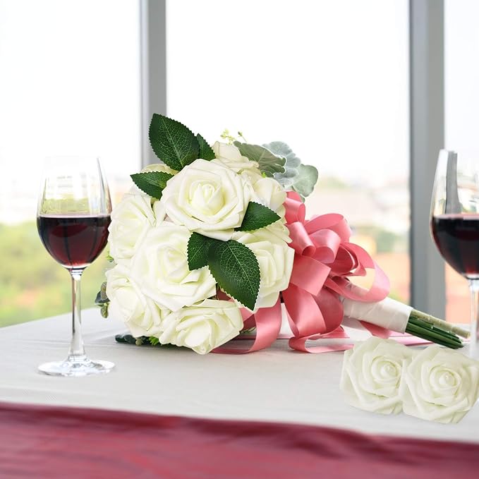 AmyHomie Artificial Flower Ivory Rose 25pcs Real Looking Fake Roses w/Stem - Image 6